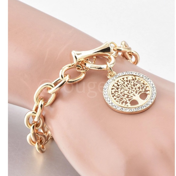 Tree Charm Rhinestone Gold Tone Chain Dangle Bracelet - Picture 6 of 6